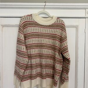 American Eagle Outfitters Cream, Brown & Red Patterned Crewneck Sweater